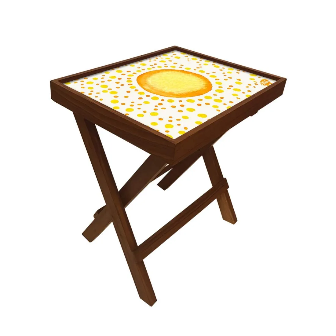 Nutcase Designer Teak Wood Side Table Folding Wooden Bedside Coffee Outdoor Picnic Table - Yellow and Orange Dots