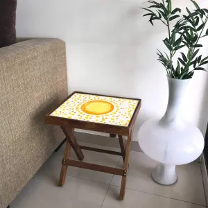 Nutcase Designer Teak Wood Side Table Folding Wooden Bedside Coffee Outdoor Picnic Table - Yellow and Orange Dots