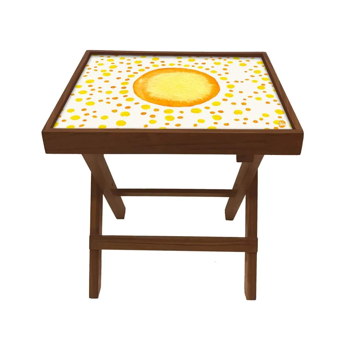 Nutcase Designer Teak Wood Side Table Folding Wooden Bedside Coffee Outdoor Picnic Table - Yellow and Orange Dots