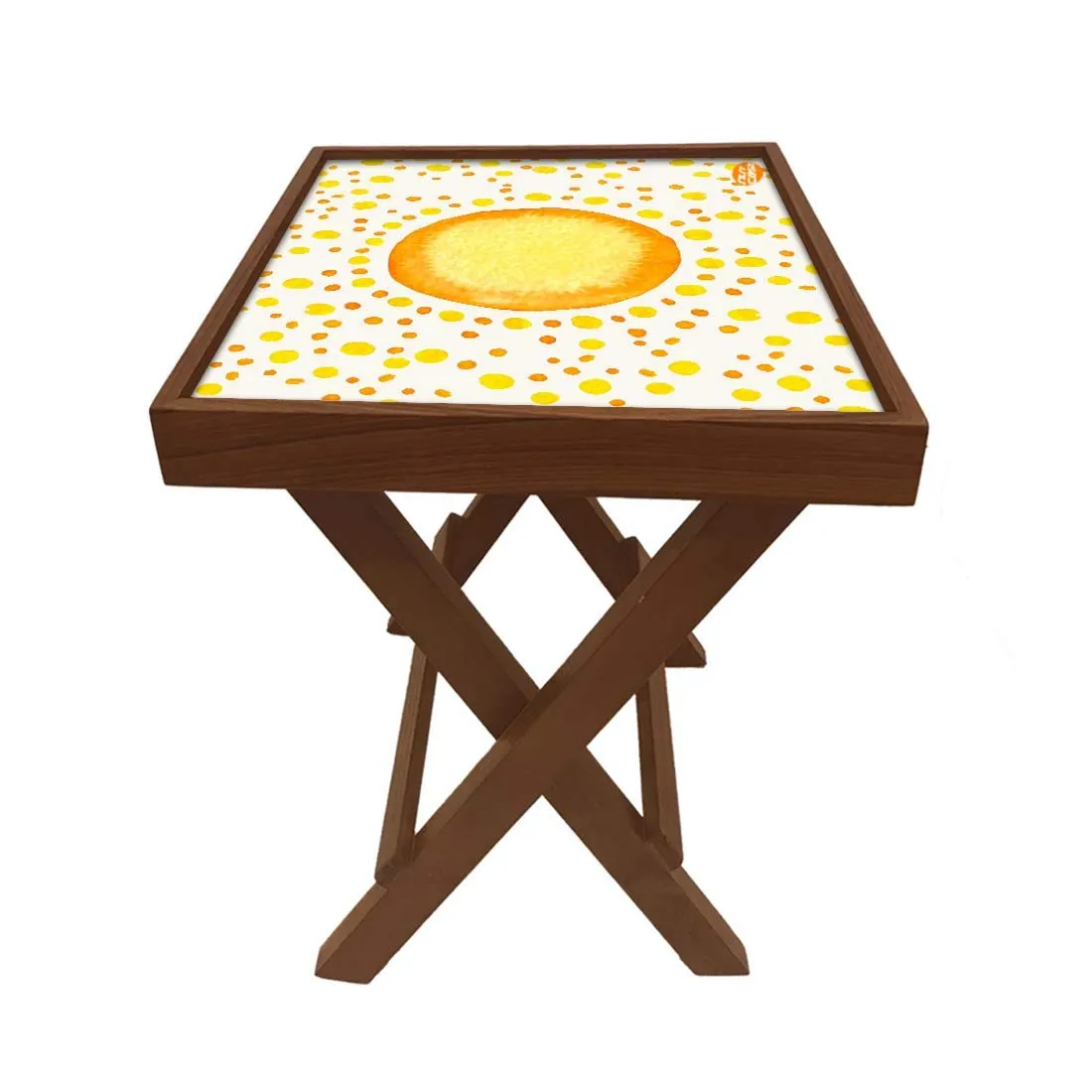 Nutcase Designer Teak Wood Side Table Folding Wooden Bedside Coffee Outdoor Picnic Table - Yellow and Orange Dots