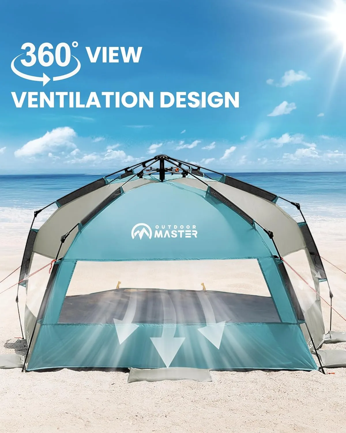 OutdoorMaster Beach Tent for 3-4 Person - Easy Setup and Portable Beach Shade Sun Shelter Canopy with UPF 50  UV Protection Removable Skylight Family Size