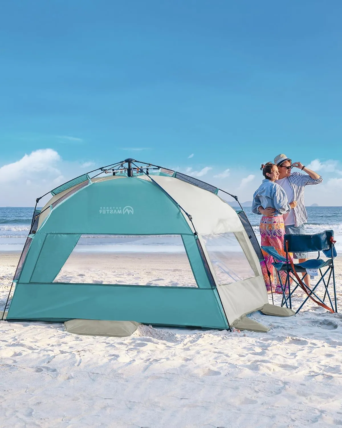 OutdoorMaster Beach Tent for 3-4 Person - Easy Setup and Portable Beach Shade Sun Shelter Canopy with UPF 50  UV Protection Removable Skylight Family Size