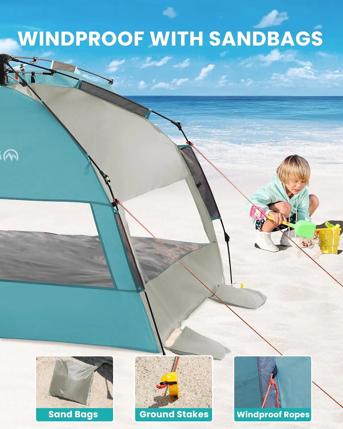 OutdoorMaster Beach Tent for 3-4 Person - Easy Setup and Portable Beach Shade Sun Shelter Canopy with UPF 50  UV Protection Removable Skylight Family Size