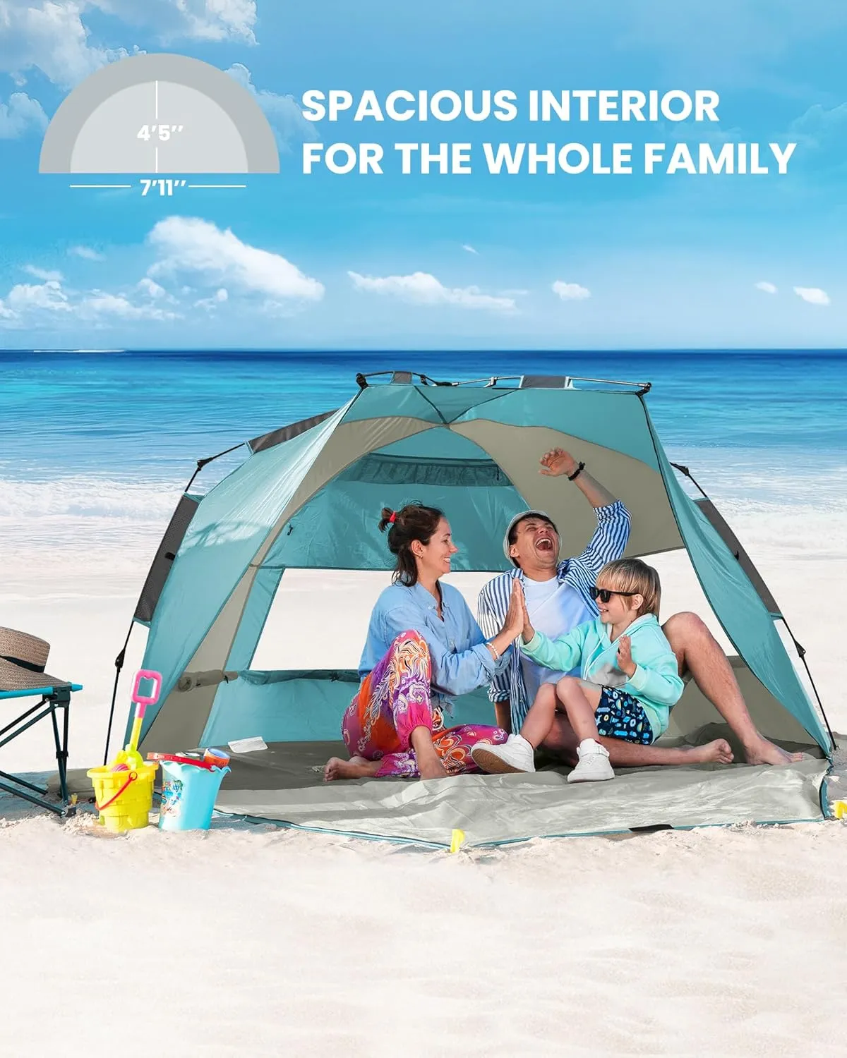 OutdoorMaster Beach Tent for 3-4 Person - Easy Setup and Portable Beach Shade Sun Shelter Canopy with UPF 50  UV Protection Removable Skylight Family Size