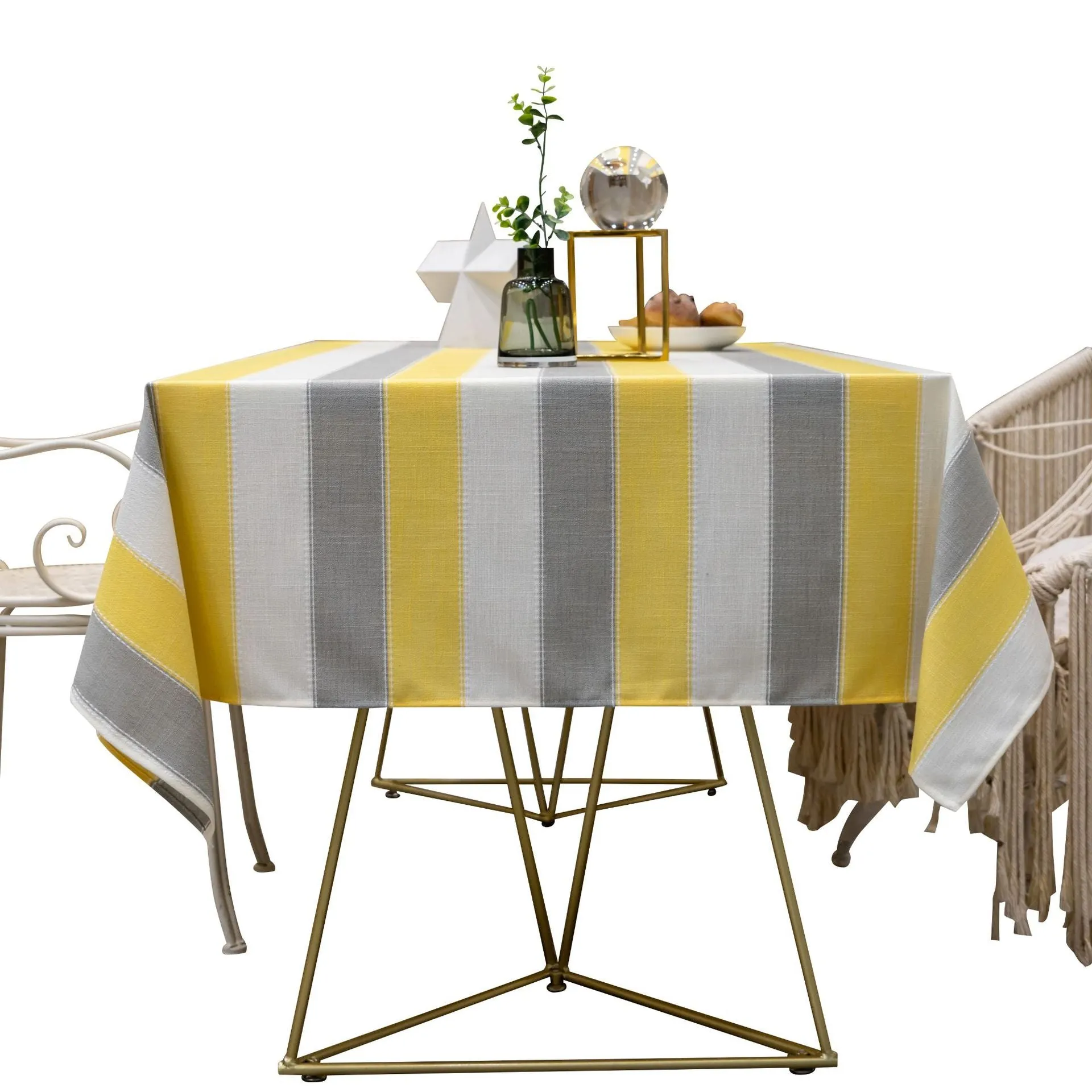 Rectangular Tablecloth Yellow Stripe Cotton Linen Dustproof Tablecloth