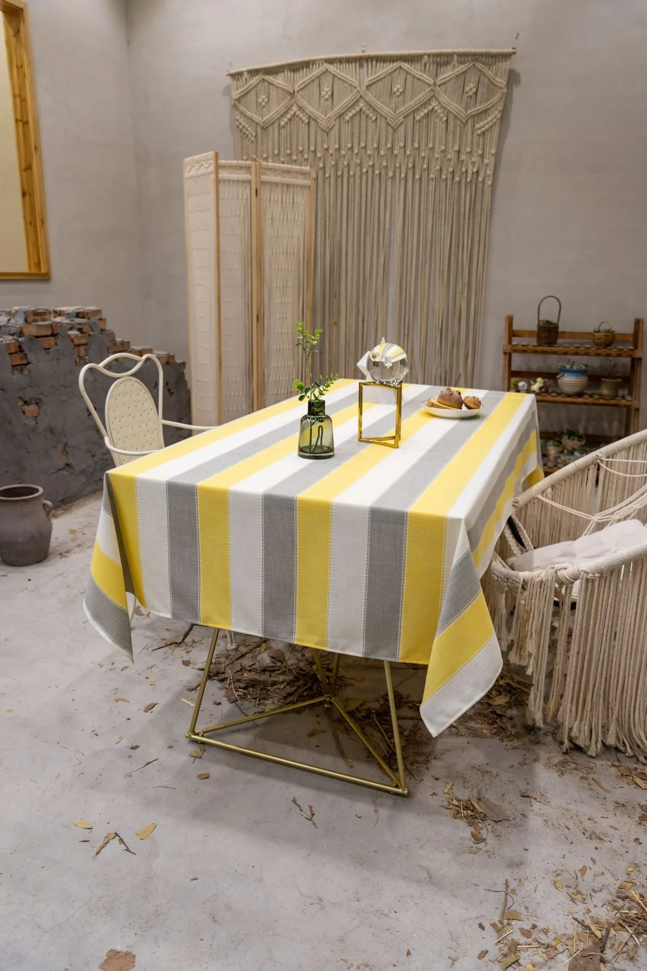 Rectangular Tablecloth Yellow Stripe Cotton Linen Dustproof Tablecloth