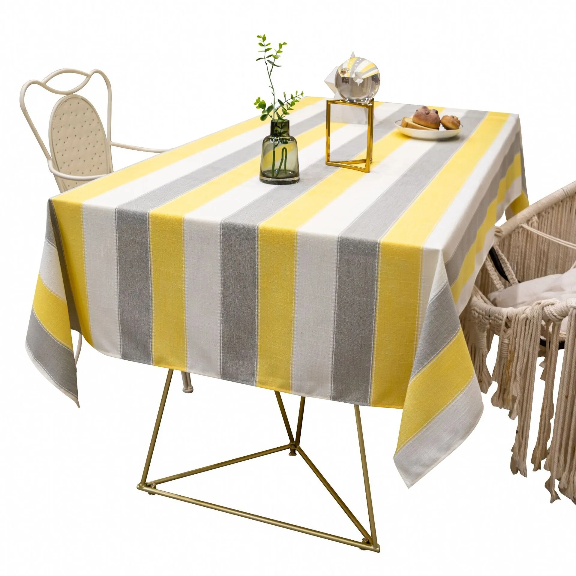 Rectangular Tablecloth Yellow Stripe Cotton Linen Dustproof Tablecloth