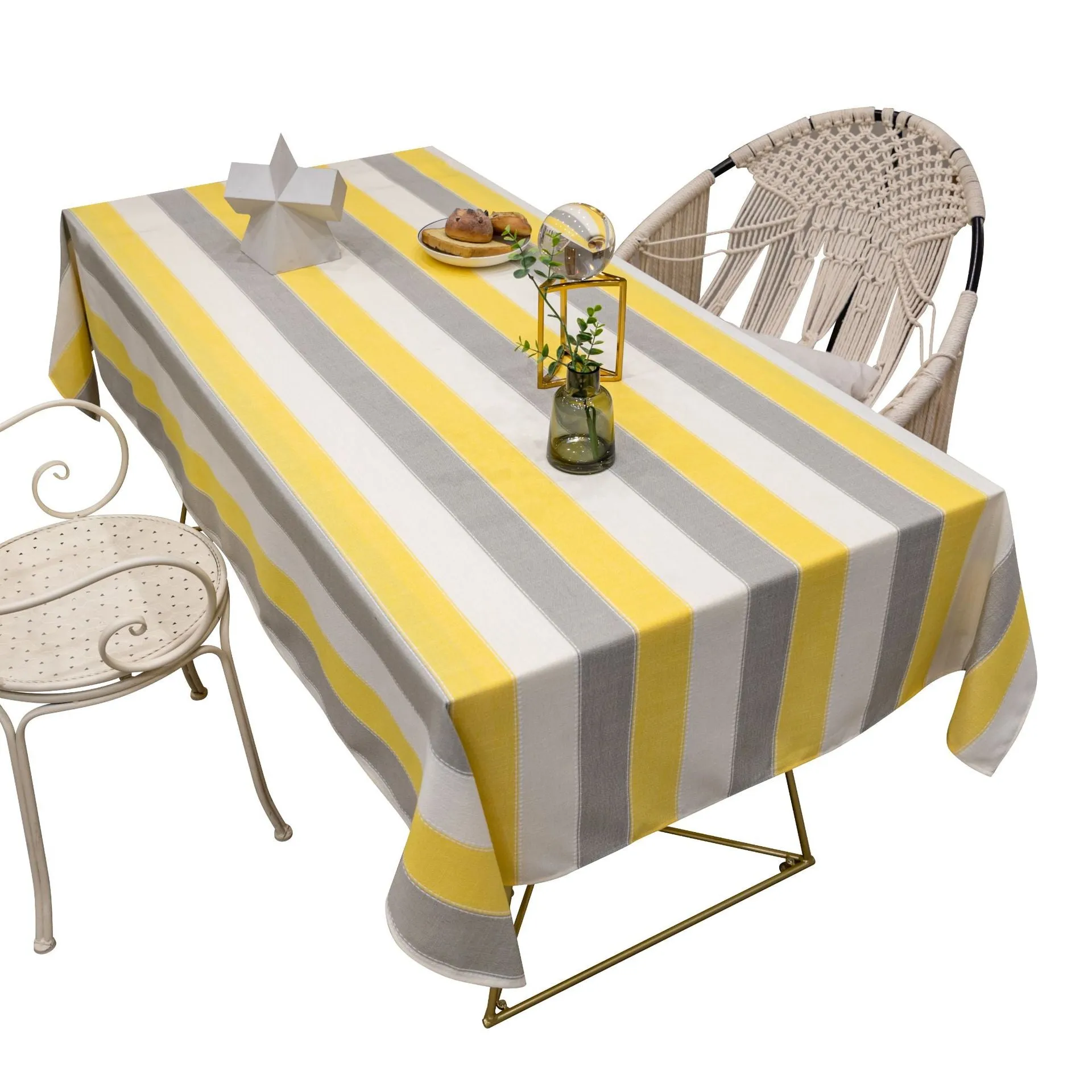 Rectangular Tablecloth Yellow Stripe Cotton Linen Dustproof Tablecloth