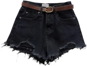 Refined Raw Edge Pure Color Denim for Women Chic Big Hem High Waisted Loose Fit Shorts with Pockets Outside Walking