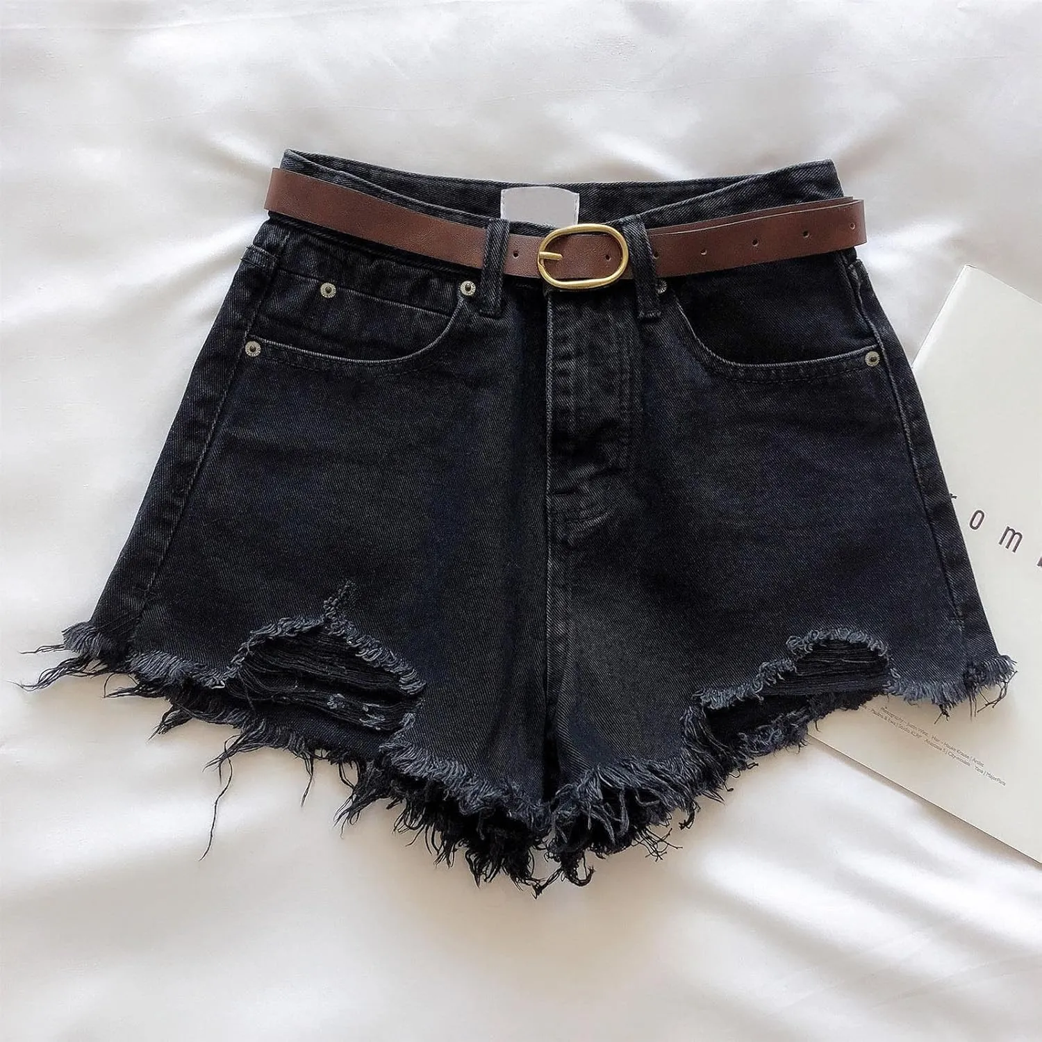 Refined Raw Edge Pure Color Denim for Women Chic Big Hem High Waisted Loose Fit Shorts with Pockets Outside Walking
