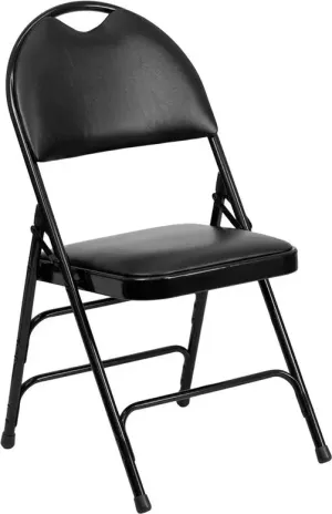 Rivera Metal Folding Chair, Black Vinyl Seat w/Carrying Handle Cutout Back