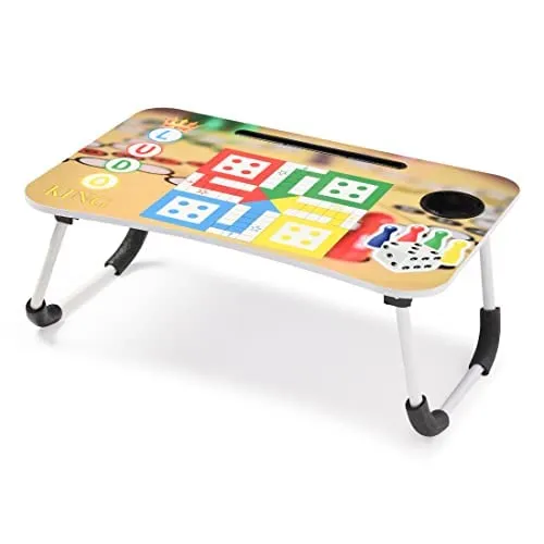 SAVYA HOME¬Æ Wooden Foldable Laptop Table with Mug Holder| Bed & Laptop Table | Portable & Sturdy | Set of 2 | Ludo & Brown