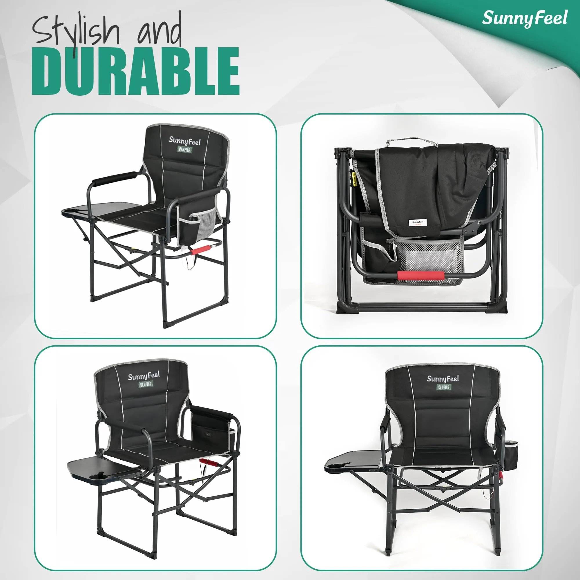 SUNNYFEEL Heated Camping Directors Chair, Heavy Duty,Oversized Outdoor Portable Heating Folding Chair with Side Table, Pocket for Beach, Fishing,Trip,Picnic,Lawn,Concert Foldable Camp Chairs
