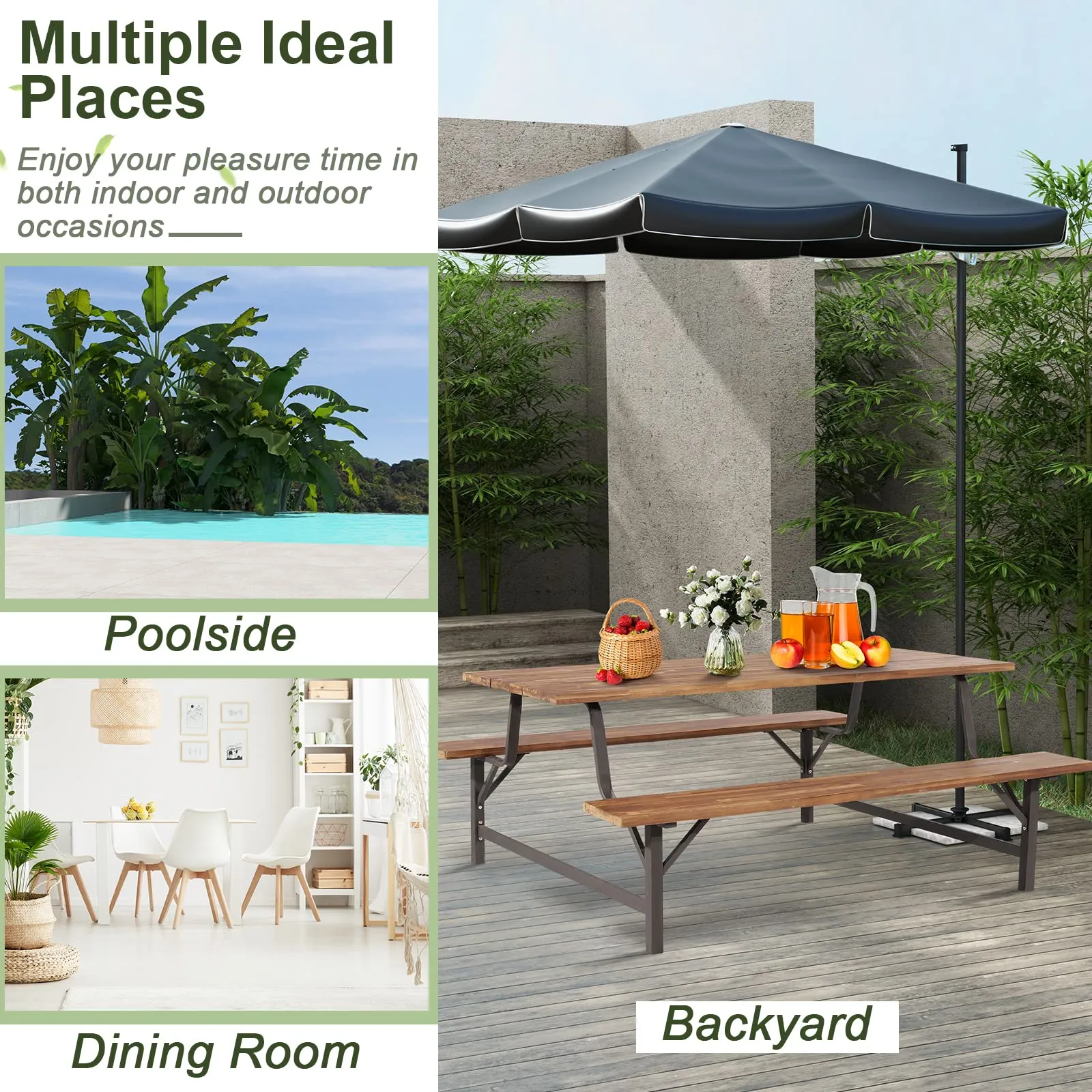 Tangkula Wood Picnic Table, Outdoor Acacia Wood Picnic Table Bench Set with 2 Built-in Benches