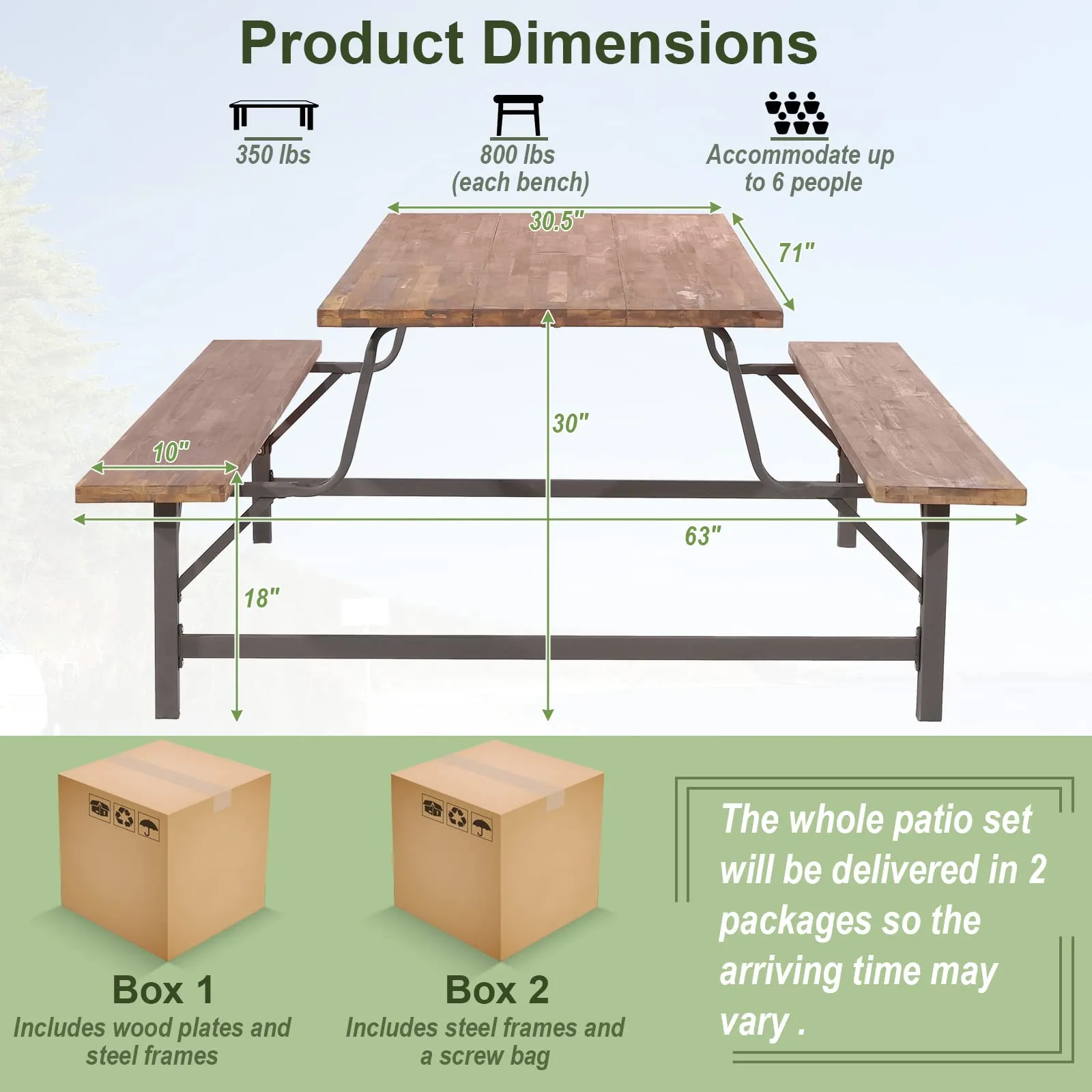 Tangkula Wood Picnic Table, Outdoor Acacia Wood Picnic Table Bench Set with 2 Built-in Benches