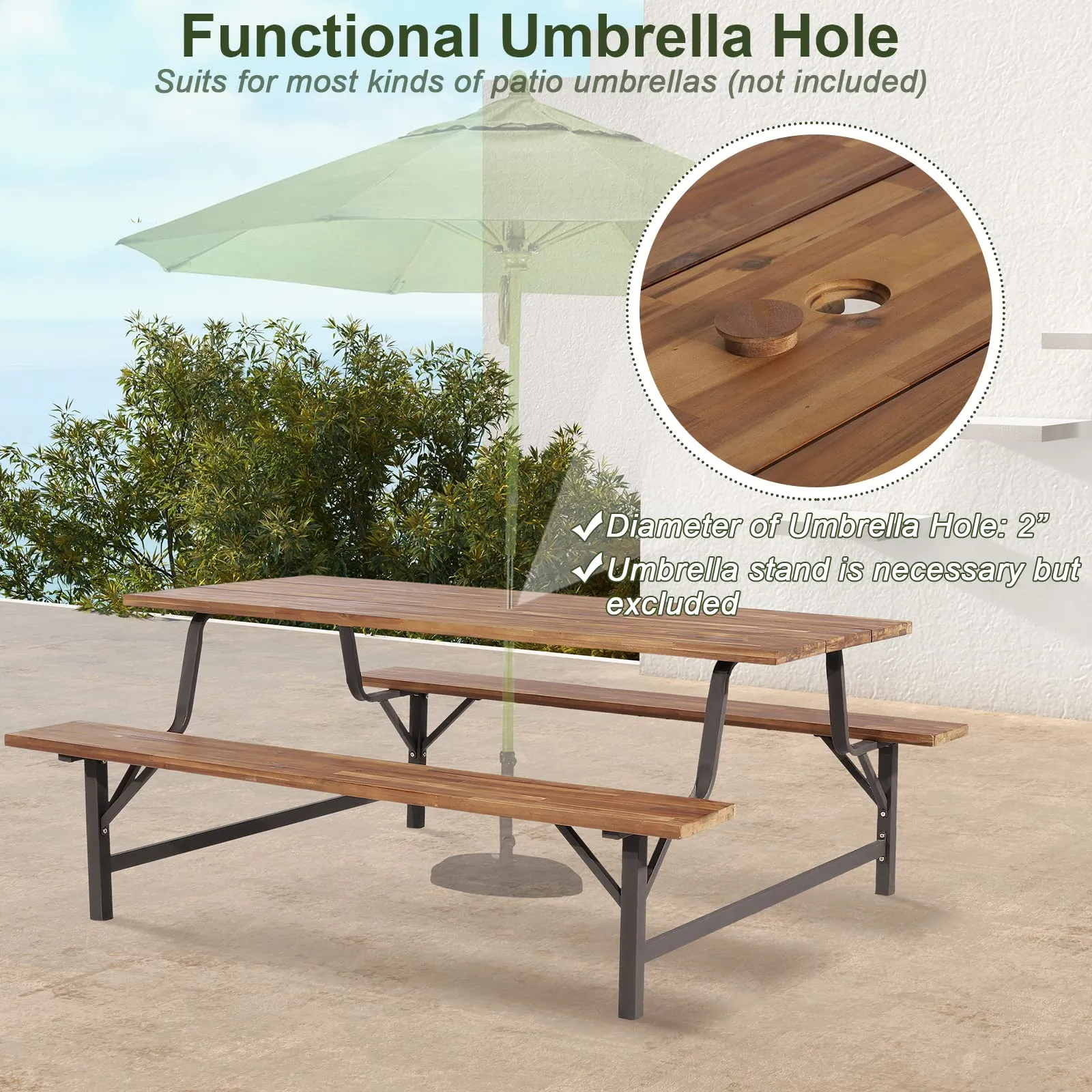 Tangkula Wood Picnic Table, Outdoor Acacia Wood Picnic Table Bench Set with 2 Built-in Benches