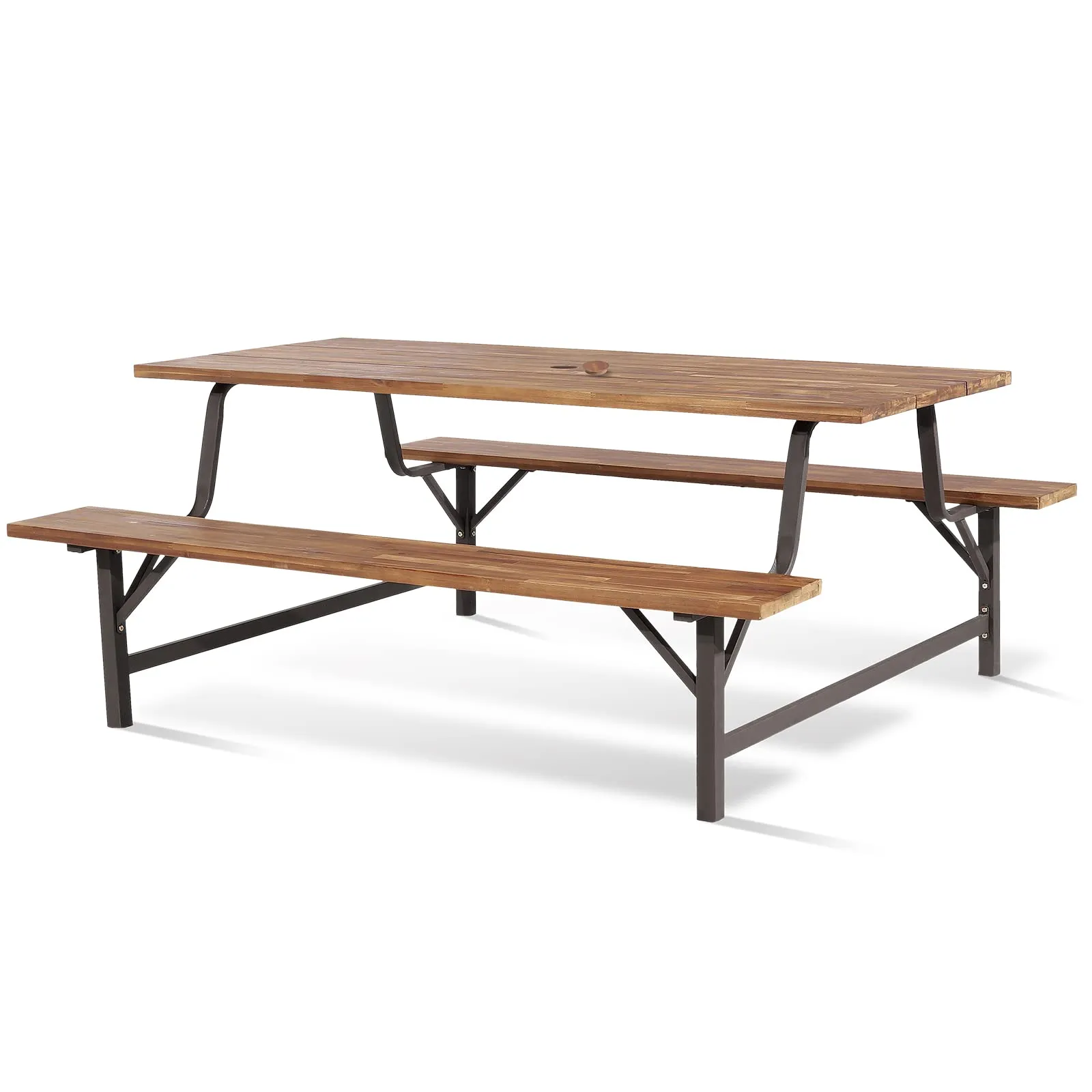 Tangkula Wood Picnic Table, Outdoor Acacia Wood Picnic Table Bench Set with 2 Built-in Benches