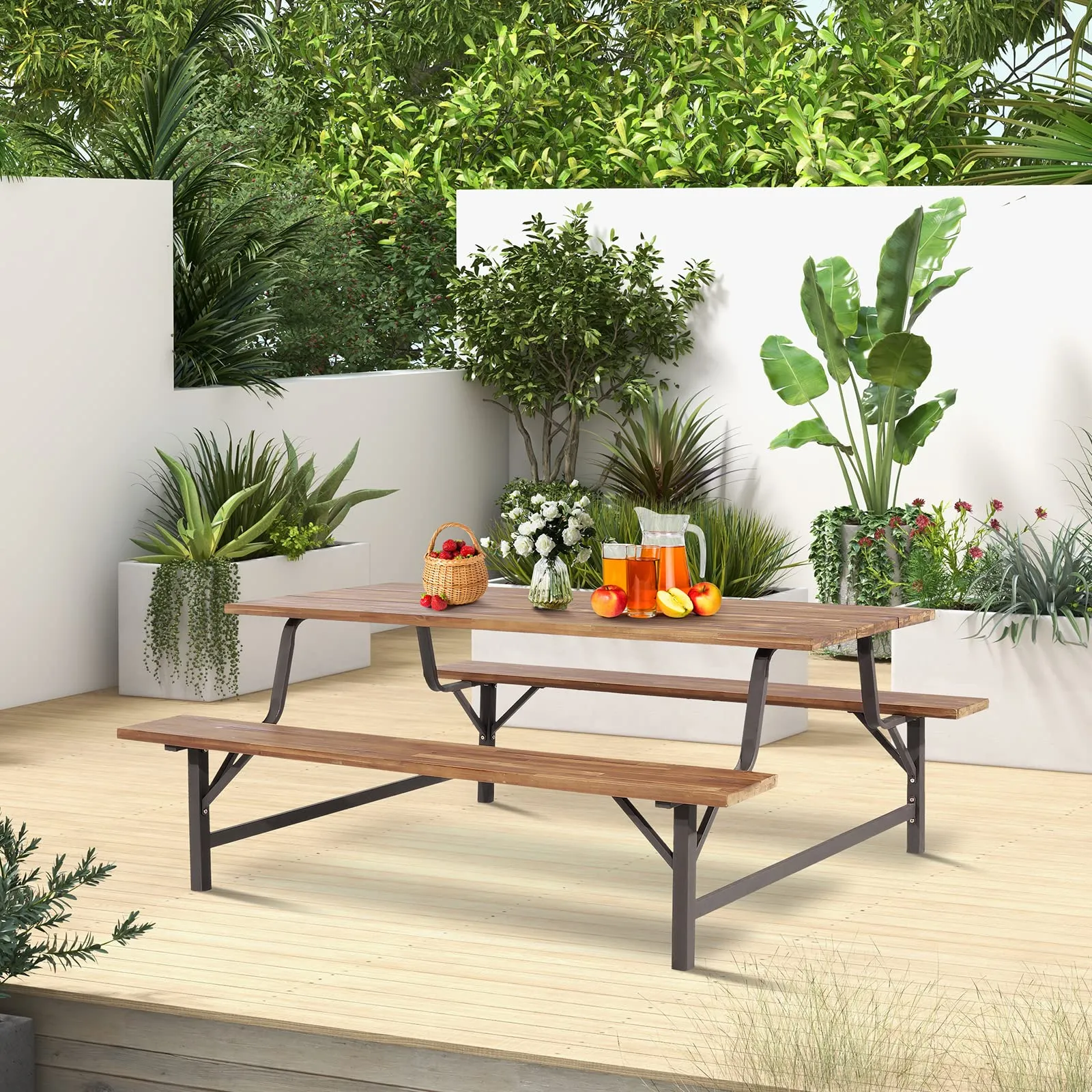 Tangkula Wood Picnic Table, Outdoor Acacia Wood Picnic Table Bench Set with 2 Built-in Benches