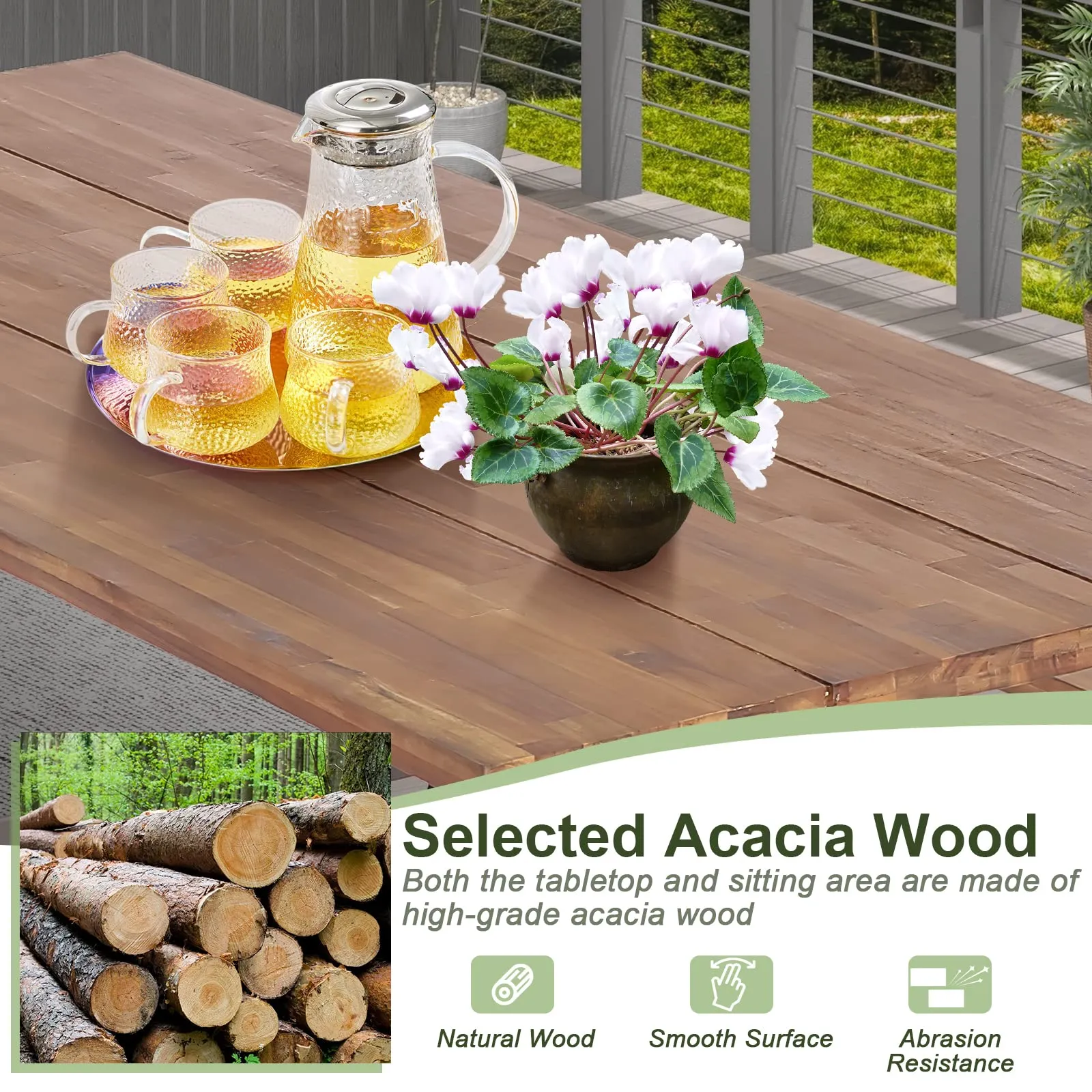 Tangkula Wood Picnic Table, Outdoor Acacia Wood Picnic Table Bench Set with 2 Built-in Benches