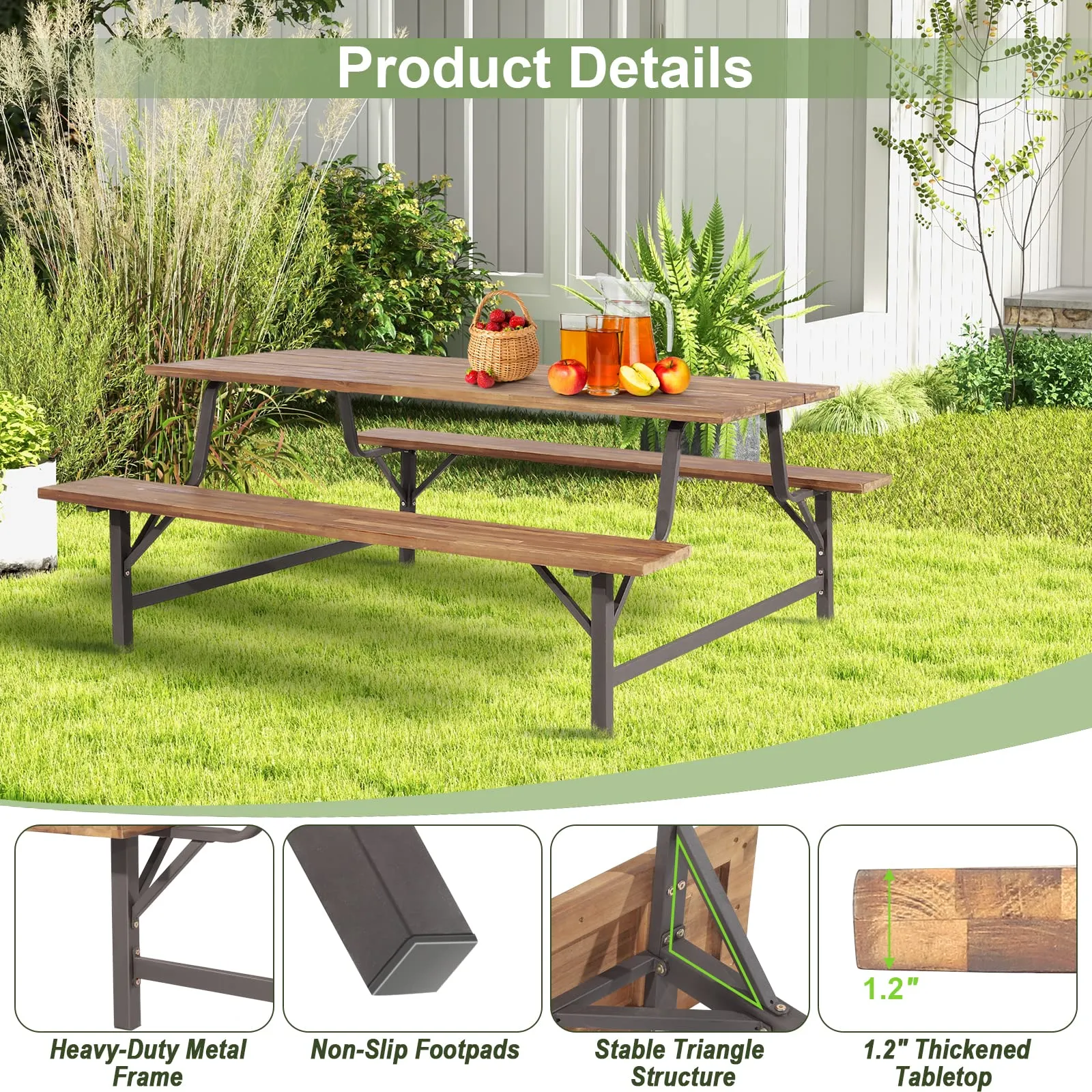 Tangkula Wood Picnic Table, Outdoor Acacia Wood Picnic Table Bench Set with 2 Built-in Benches