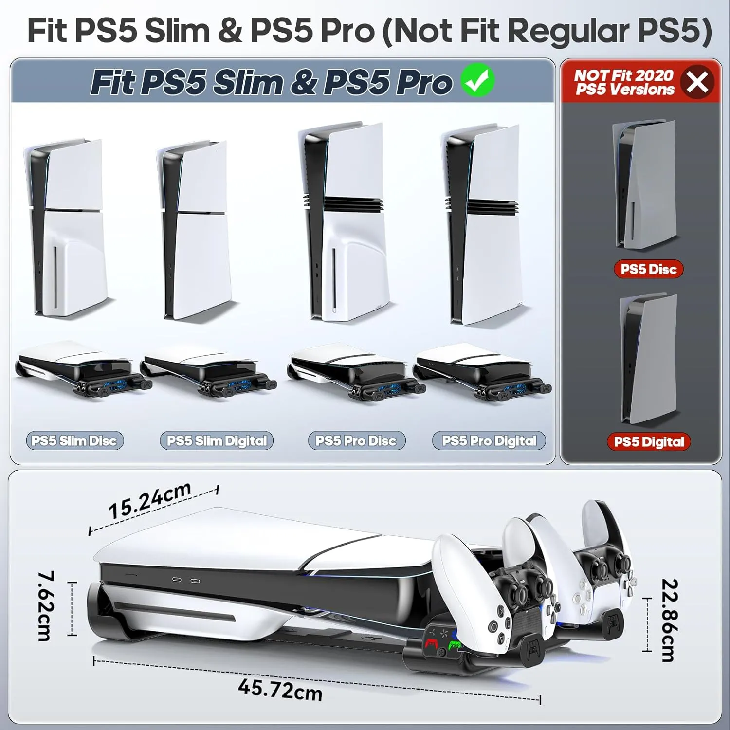 Tokluck PS5 Slim/Pro Horizontal Stand, PS5 Cooling Station with Dual Controller Charger for Disc & Digital Versions, 3-Level Cooling Fan - Black (NOT Fit 2020 PS 5 Regular Version)