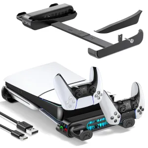 Tokluck PS5 Slim/Pro Horizontal Stand, PS5 Cooling Station with Dual Controller Charger for Disc & Digital Versions, 3-Level Cooling Fan - Black (NOT Fit 2020 PS 5 Regular Version)