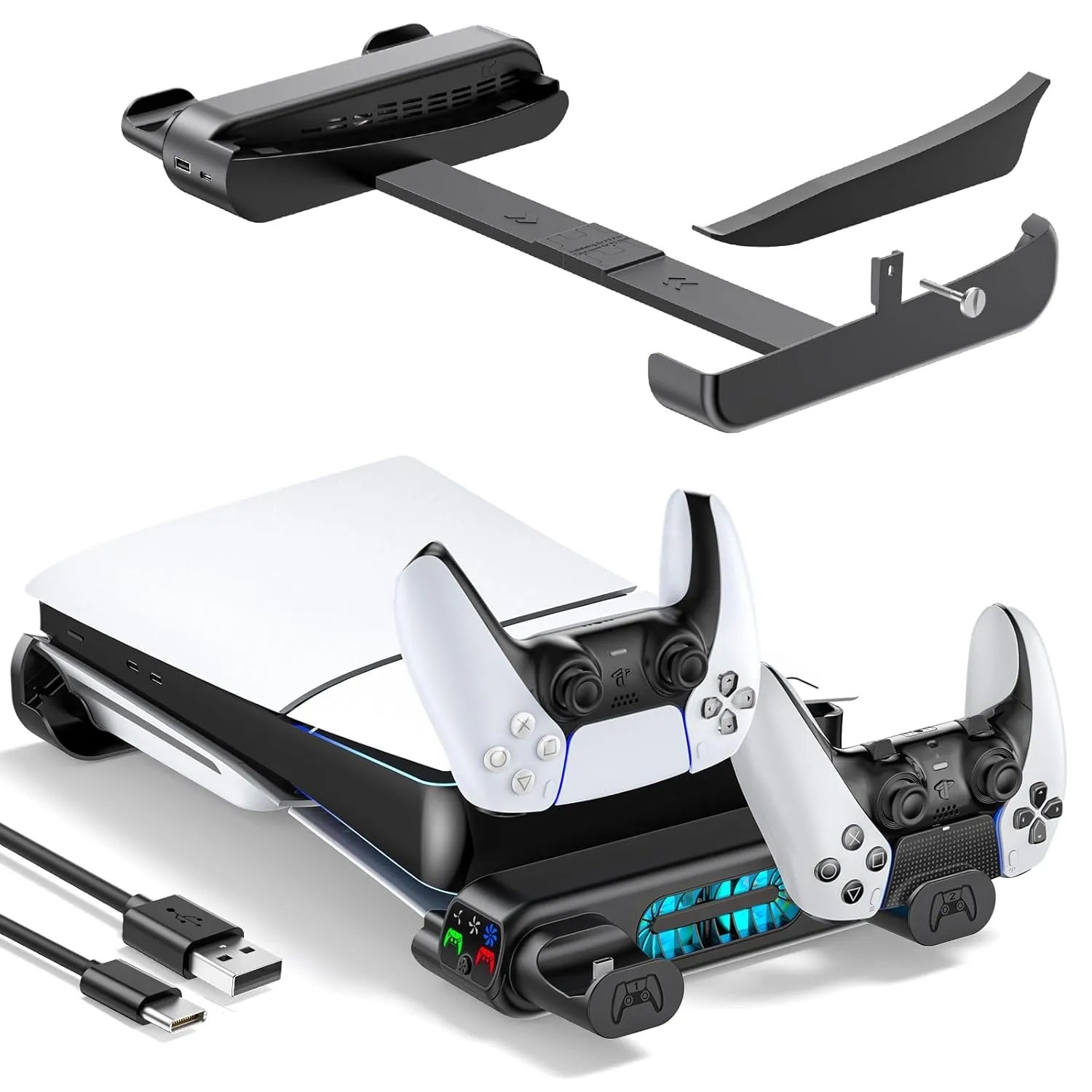 Tokluck PS5 Slim/Pro Horizontal Stand, PS5 Cooling Station with Dual Controller Charger for Disc & Digital Versions, 3-Level Cooling Fan - Black (NOT Fit 2020 PS 5 Regular Version)