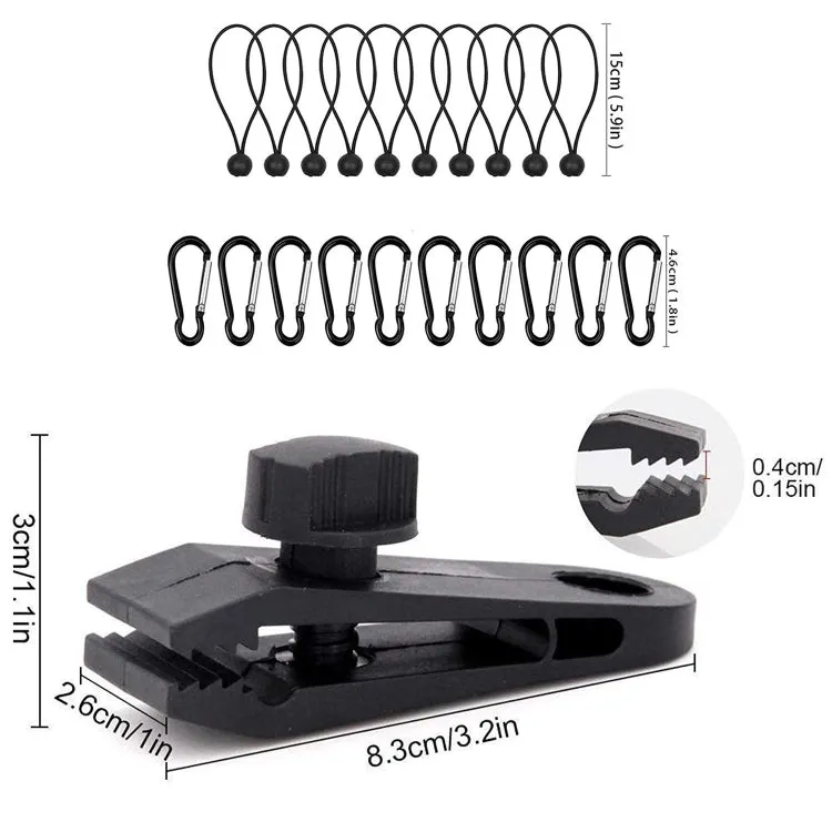 Windproof Canopy Fixed Tent Clip Rope Buckle Set 10 Clips 10 Black Ropes 10 Black PP Fast Hangings
