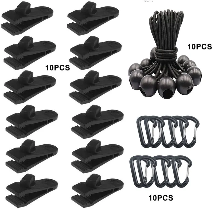 Windproof Canopy Fixed Tent Clip Rope Buckle Set 10 Clips 10 Black Ropes 10 Black PP Fast Hangings