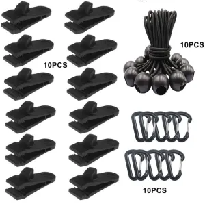 Windproof Canopy Fixed Tent Clip Rope Buckle Set 10 Clips 10 Black Ropes 10 Black PP Fast Hangings
