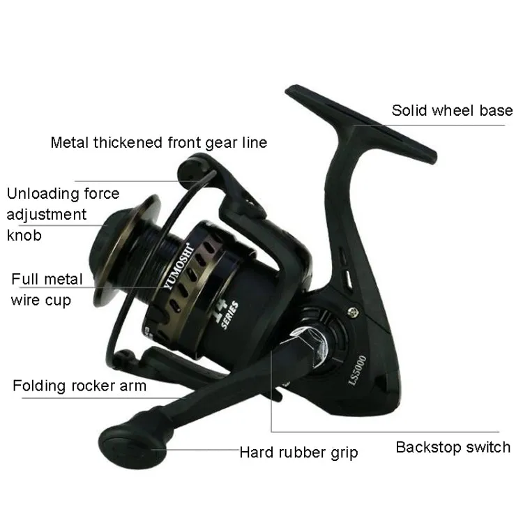 YUMOSHI LS2000 Metal Head Fishing Reel Sea Rod Spinning Reel(Folding Swing Arm Hard Rubber Grip)